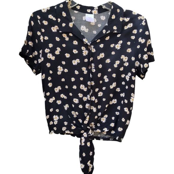 No Boundaries Button Down Tie Front Shirt Size XS 1 Black with White and Yellow - Picture 1 of 4